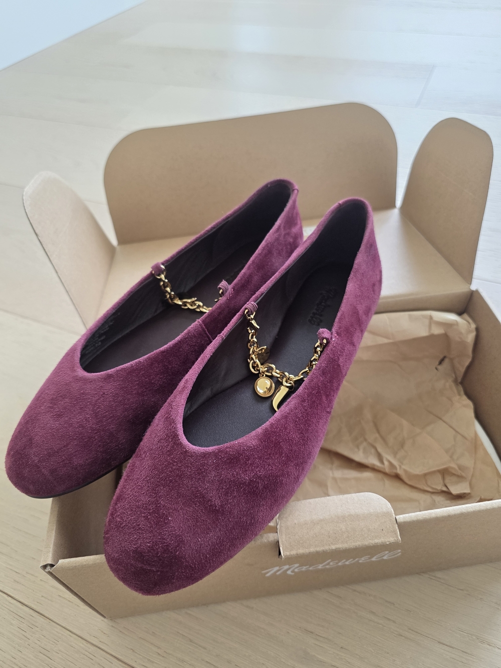 Madewell Plum Suede Ballet Flats with Gold Chain Accent